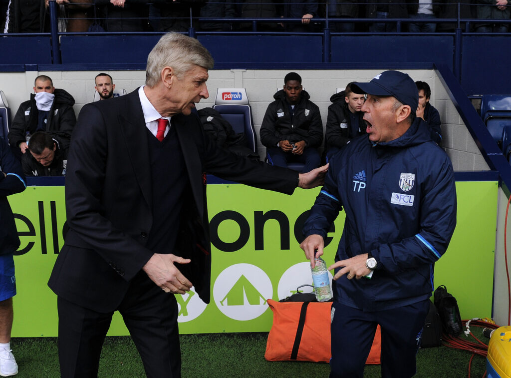 Arsene Wenger and Tony Pulis great each other before a game between Arsenal and West Bromwich Albion