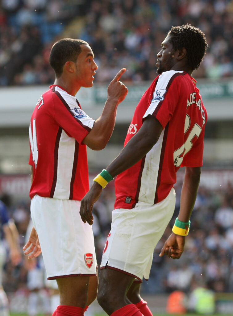 Theo Walcott and Emmanuel Adebayor during an Arsenal game