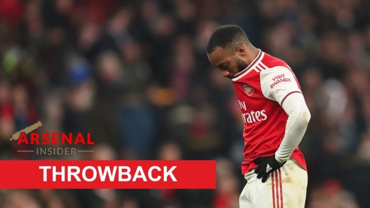 Image of Alexandre Lacazette looking dejected during an Arsenal game, overlaid a Throwback banner and the Arsenal Insider site logo