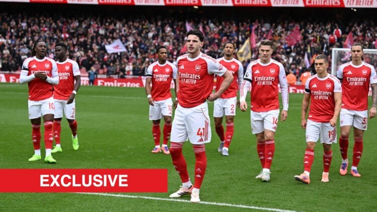 Arsenal's Eberechi Eze, Bukayo Saka, Jurrien Timber, Declan Rice, William Saliba, Viktor Gyokores, Leajdro Trossardand Riccardo Calafiori line up b...