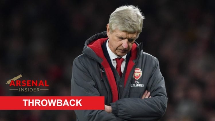 Image of Arsene Wenger looking dejected while managing Arsenal, overlaid banners of a throwback and the Arsenal Insider site logo