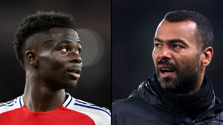 Split image of (L) Bukayo Saka during the UEFA Champions League match between Arsenal and PSG and (R) Ashley Cole prior to the Sky Bet Championship...