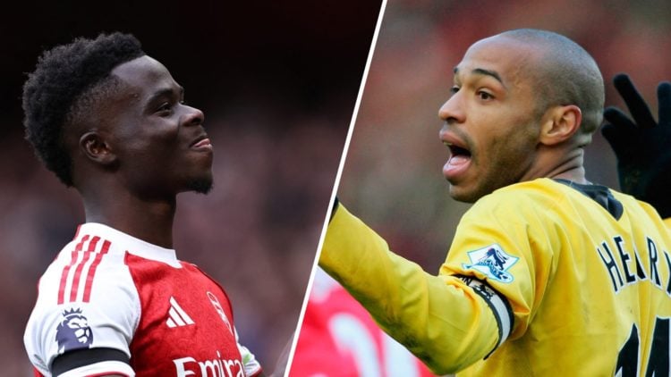 Split image of (L) Bukayo Saka celebrating after scoring for Arsenal and (R) Thierry Henry gesturing while playing for the Gunners