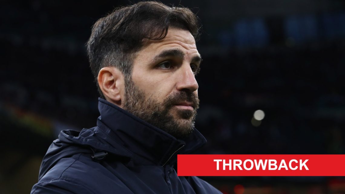 Image of Cesc Fabregas looking on during a Como game, overlaid a Throwback banner