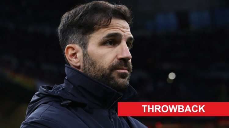 Image of Cesc Fabregas looking on during a Como game, overlaid a Throwback banner