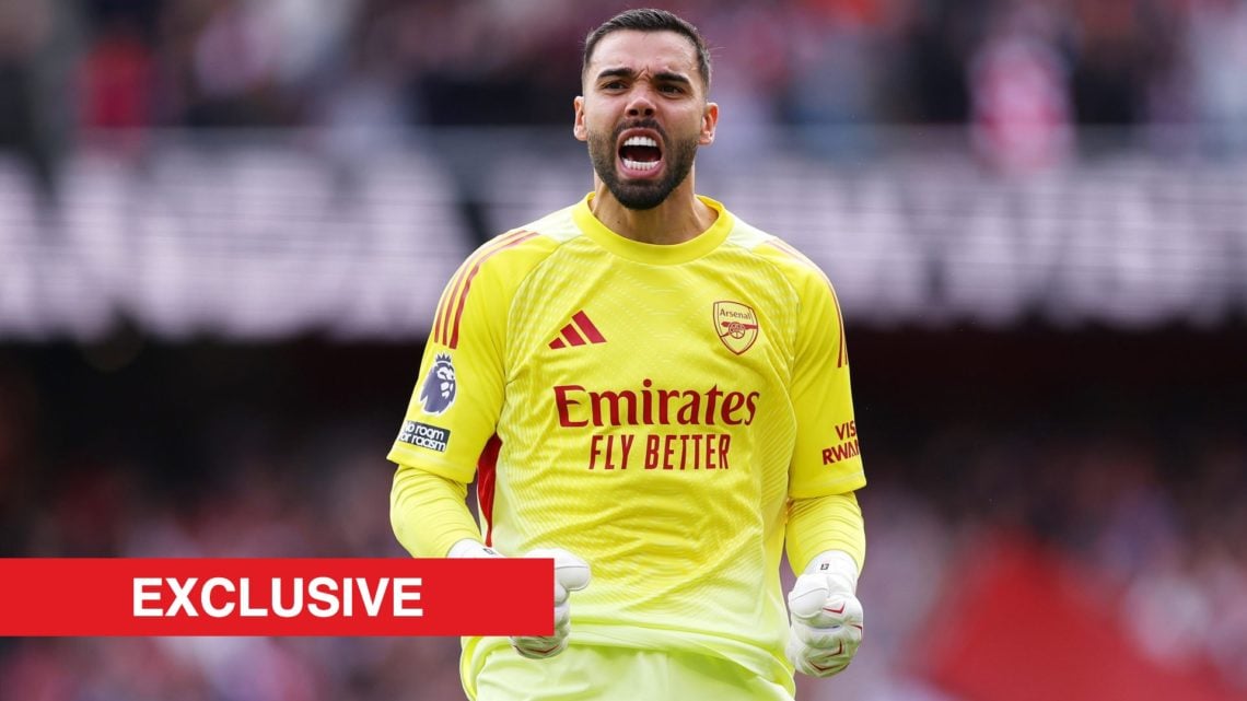 David Raya celebrates after Martin Zubimendi of Arsenal (not pictured) scored their teams first goal during the Premier League match between Arsena...