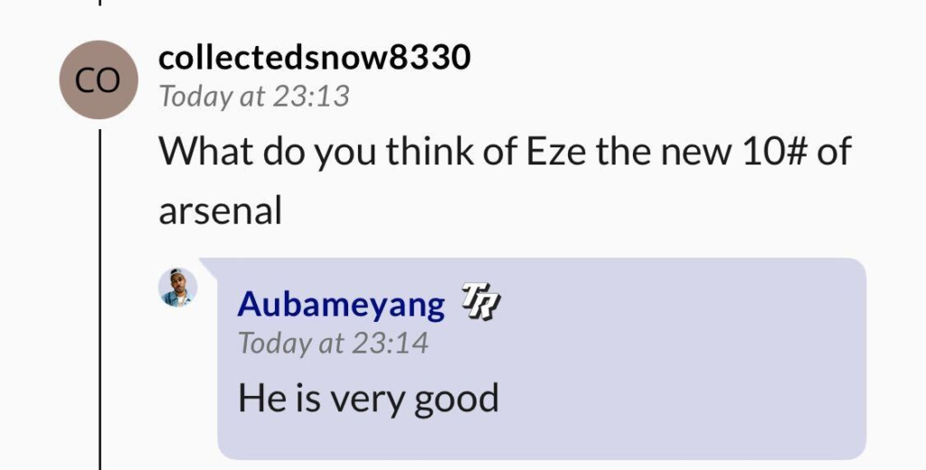 Pierre-Emerick Aubameyang responds to a question about Arsenal signing Eberechi Eze during a Q&A on The Residency App