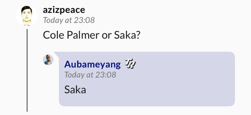 Pierre-Emerick Aubameyang responds to a question about Bukayo Saka and Cole Palmer during a Q&A on The Residency App