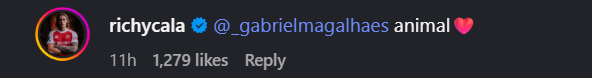 Screengrab of Riccardo Calafiori's comment about Gabriel Magalhaes on Instagram