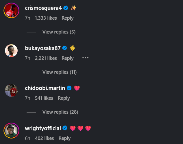 Screengrab of replies from Chido Obi and others under Max Dowman's Instagram post about his full Arsenal debut
