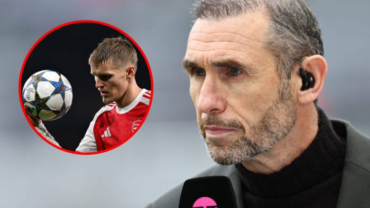 TNT Sports pundit Martin Keown during the Premier League match between Newcastle United and Arsenal, inset, Martin Odegaard during the UEFA Champio...