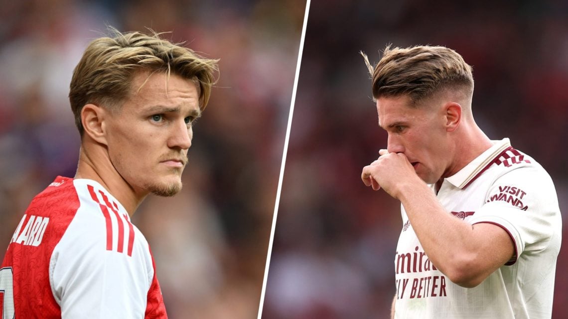Split image of (L) Martin Odegaard and (R) Viktor Gyokeres both looking on while playing for Arsenal