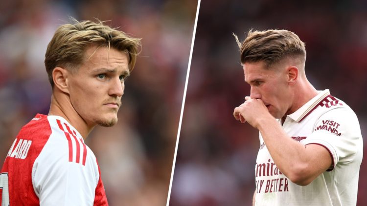 Split image of (L) Martin Odegaard and (R) Viktor Gyokeres both looking on while playing for Arsenal