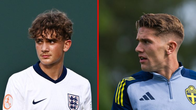 Split image of (L) Max Dowman during England under-17s vs Belgium under-17s and (R) Viktor Gyokeres attends a training session of Sweden's national...
