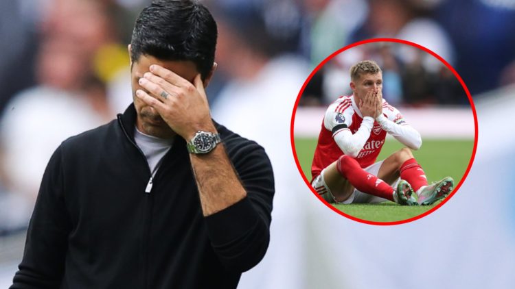 Mikel Arteta during the Premier League match between Tottenham Hotspur and Arsenal, inset, Martin Odegaard sustains an injury during the match betw...