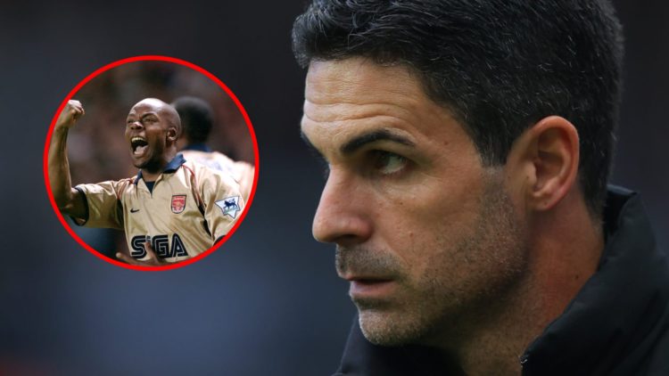 Mikel Arteta during the Premier League match between Newcastle and Arsenal, inset, Sylvain Wiltord celebrates after scoring the winning goal to win...