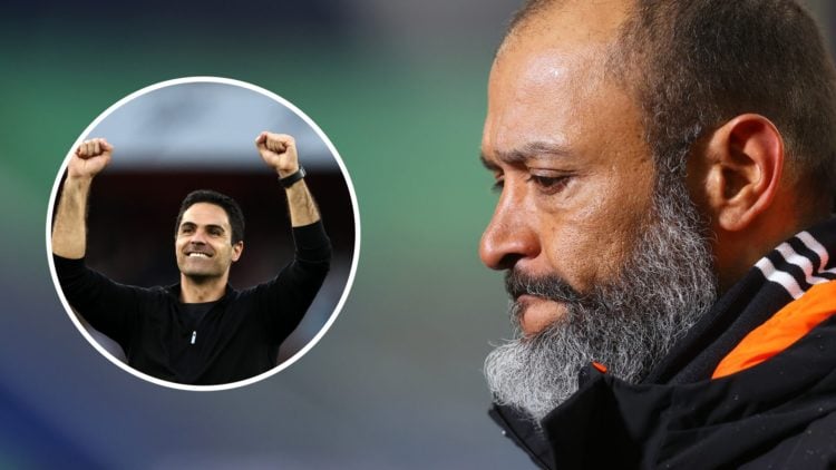Image of Nuno Espirito Santo looking on before a Wolves game, with an inset of Mikel Arteta celebrating after an Arsenal win