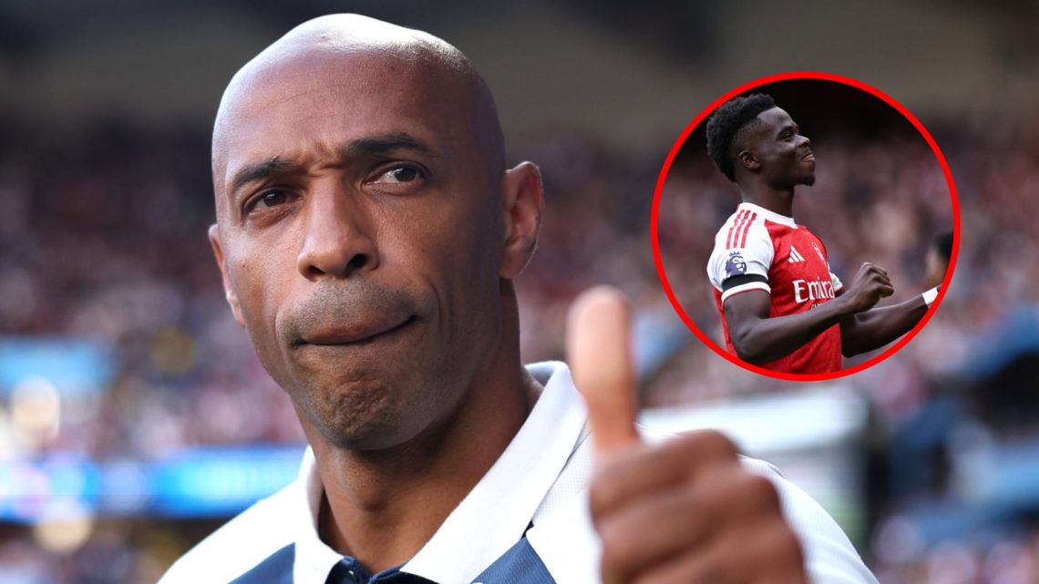 Thierry Henry prior to the Men's Gold Medal match between France and Spain during the 2024 Olympic Games, inset, Bukayo Saka celebrates during the ...