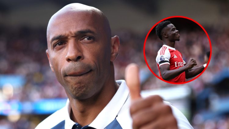 Thierry Henry prior to the Men's Gold Medal match between France and Spain during the 2024 Olympic Games, inset, Bukayo Saka celebrates during the ...