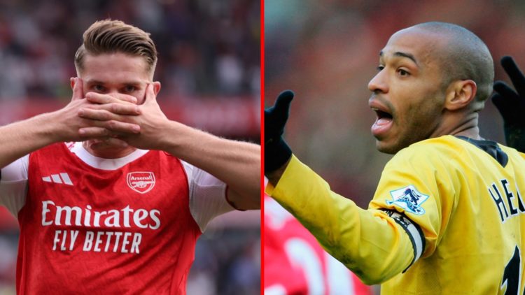 Split image of (L) Viktor Gyokeres after scoring during the Premier League match between Arsenal and Leeds and (R) Thierry Henry during the Barclay...