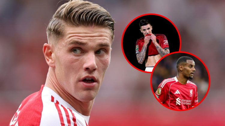 Viktor Gyokeres during the Premier League match between Arsenal and Leeds United, inset, Benjamin Sesko during the Carabao Cup match between Grimsb...