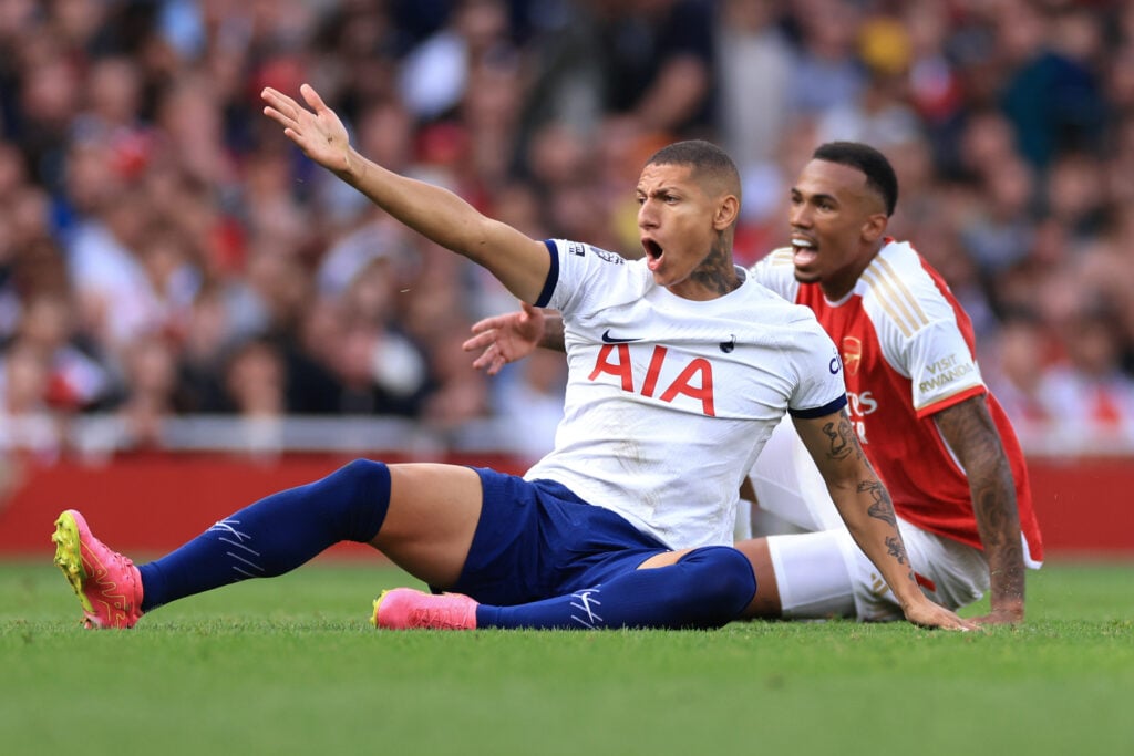 Gabriel Magalhaes and Richarlison in action during Arsenal vs Tottenham
