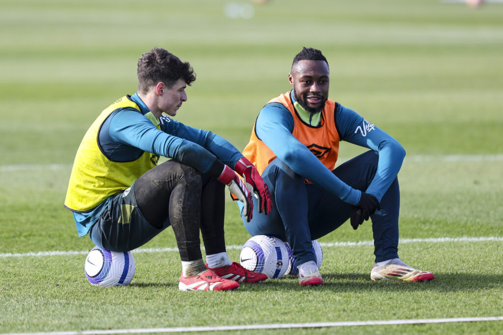 Kepa Arrizabalaga and Antoine Semenyo speaking to each other during a Bournemouth Training Session
