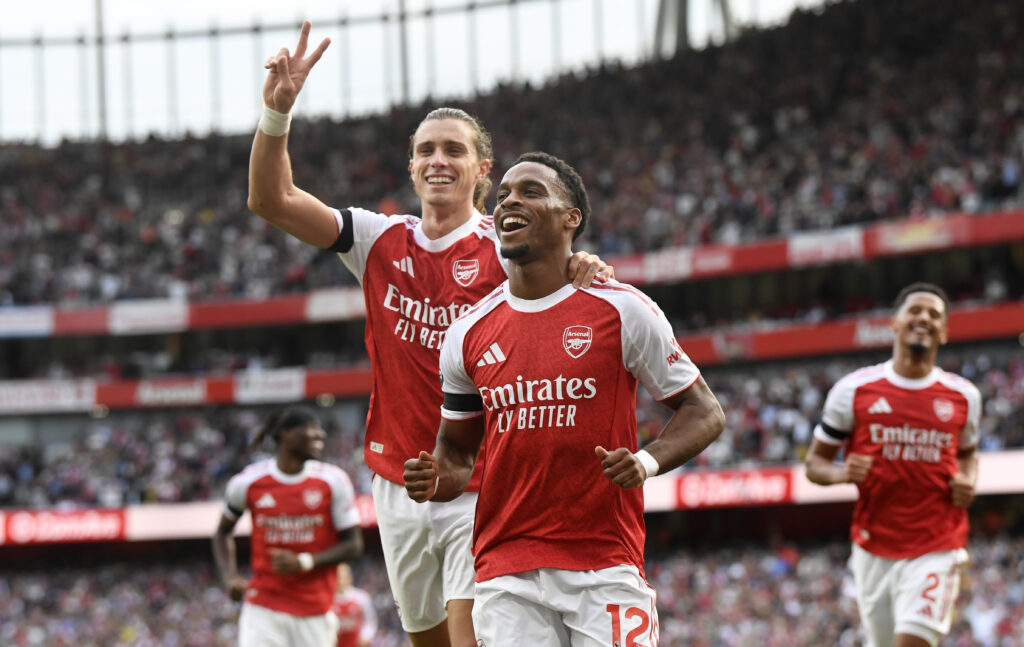 Riccardo Calafiori and Jurrien Timber celebrate after the latter scores for Arsenal