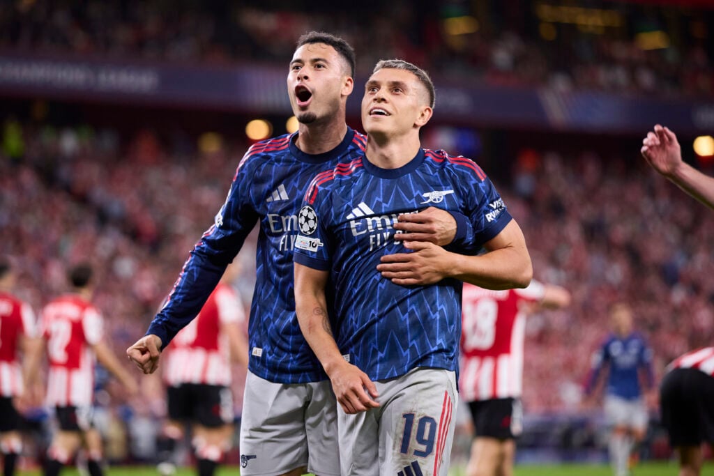 Leandro Trossard and Gabriel Martinelli of Arsenal FC celebrates after scoring goal during the UEFA Champions League.