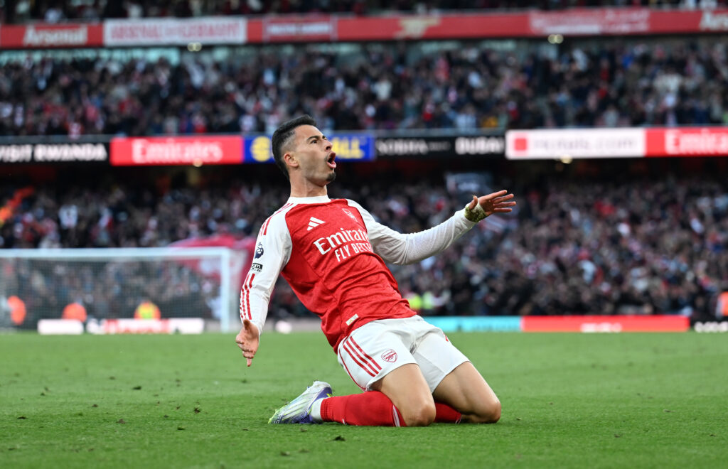 Gabriel Martinelli celebrates scoring for Arsenal against Manchester City
