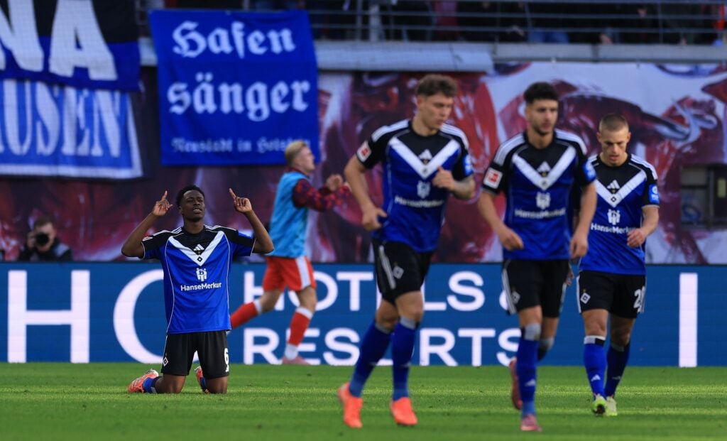 Albert Sambi Lokonga celebrates scoring for Hamburg against RB Leipzig