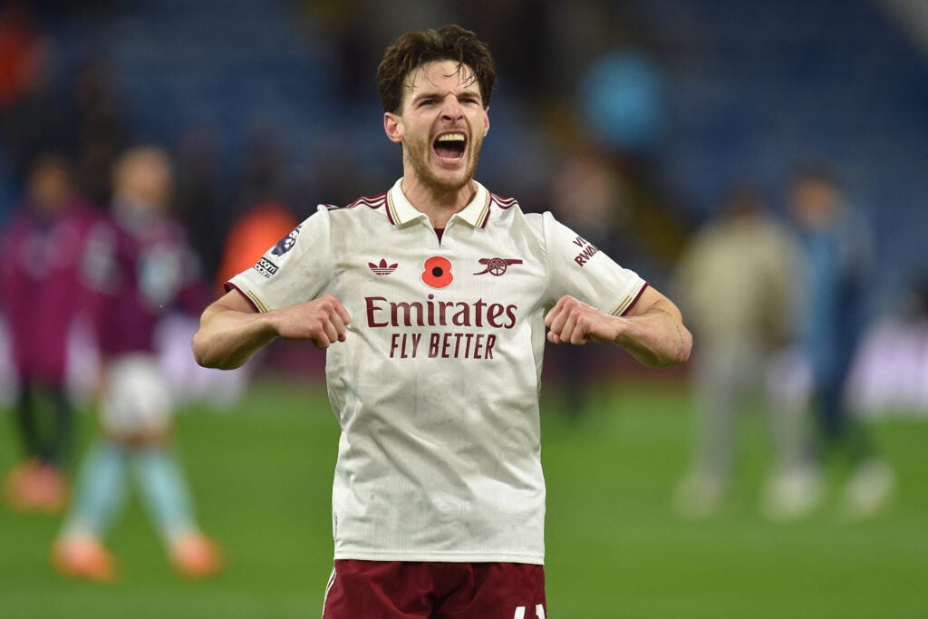 Arsenal's English midfielder #41 Declan Rice celebrates on the pitch after the English Premier League football match between Burnley and Arsenal.