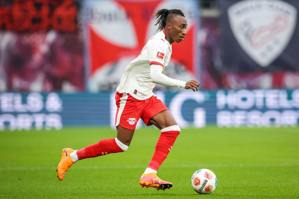 Leipzig's Ivorian forward #49 Yan Diomande plays the ball during the German first division Bundesliga football match between RB Leipzig and VfB Stuttgart.