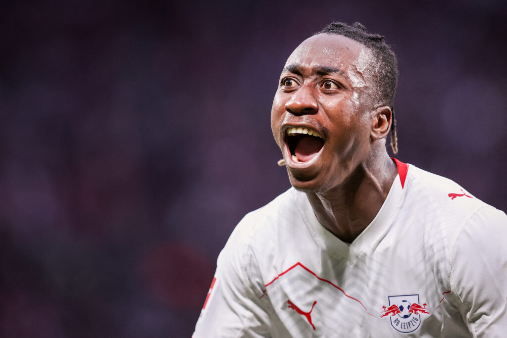 Leipzig's Ivorian forward #49 Yan Diomande celebrates the team's first goal during the German first division Bundesliga football match between RB Leipzig and VfB Stuttgart.