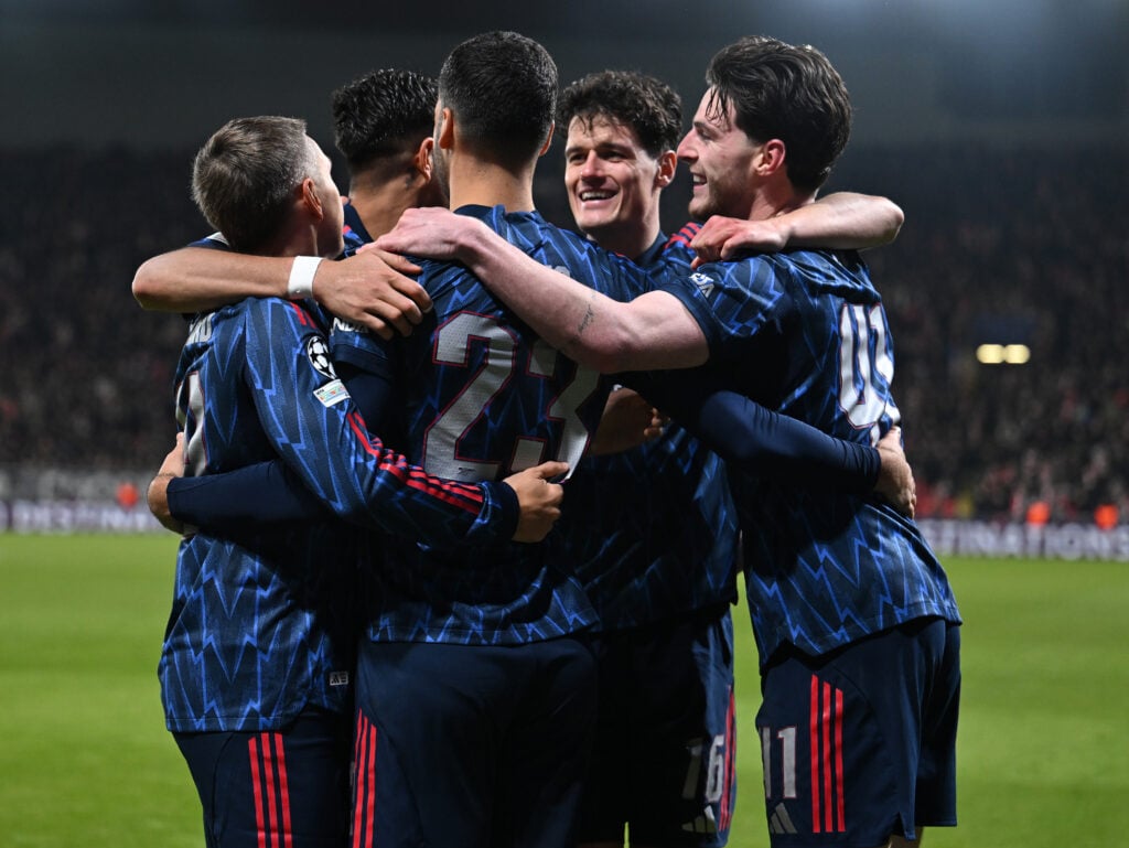 Arsenal players celebrate scoring against Slavia Prague