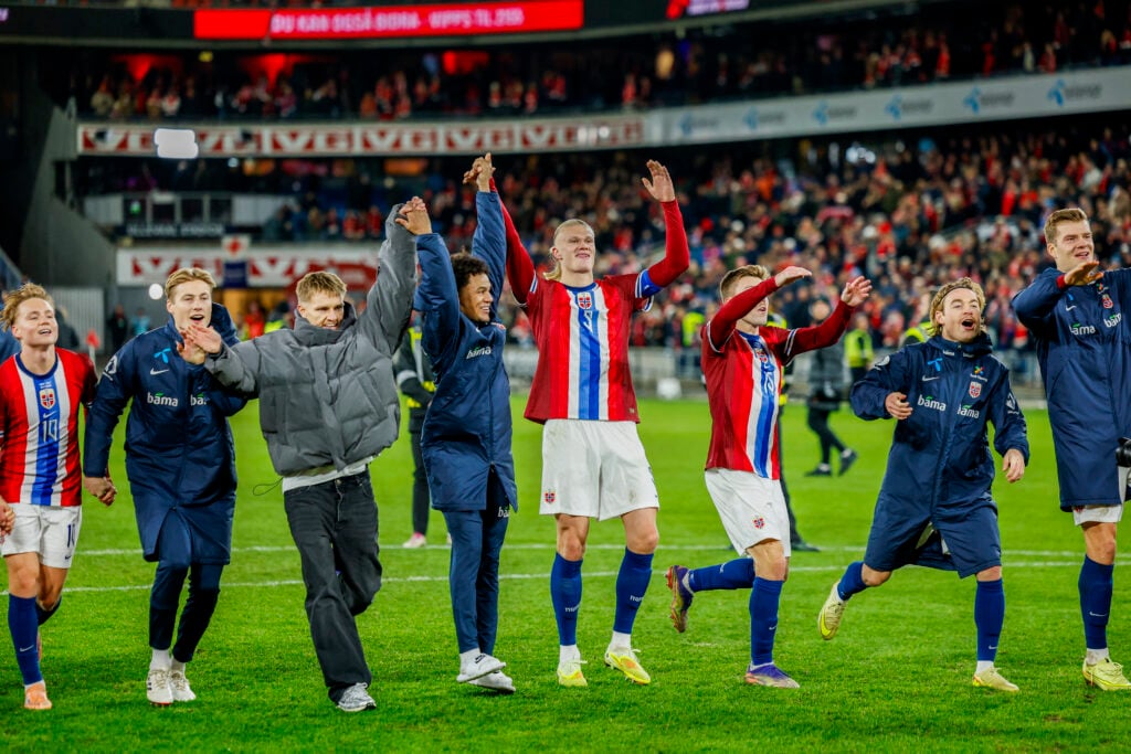 Arsenal's Martin Odegaard and Oscar Bobb from Man City celebrate Norway win.