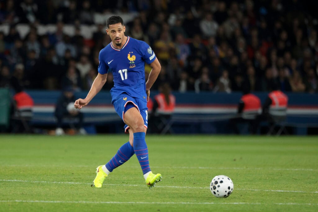 William Saliba passes the ball during a France game