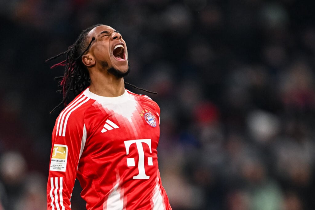 Michael Olise of Bayern Munich reacts during the Bundesliga match between FC Bayern München and SC Freiburg