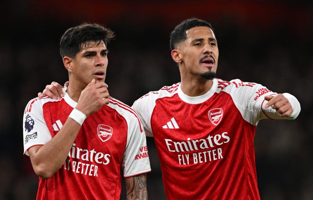 Piero Hincapie and William Saliba during Arsenal v Tottenham Hotspur in the Premier League.