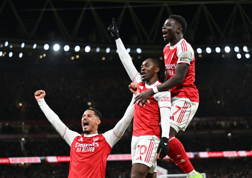 Eberechi Eze celebrates his goal during Arsenal v Tottenham Hotspur in the Premier League.