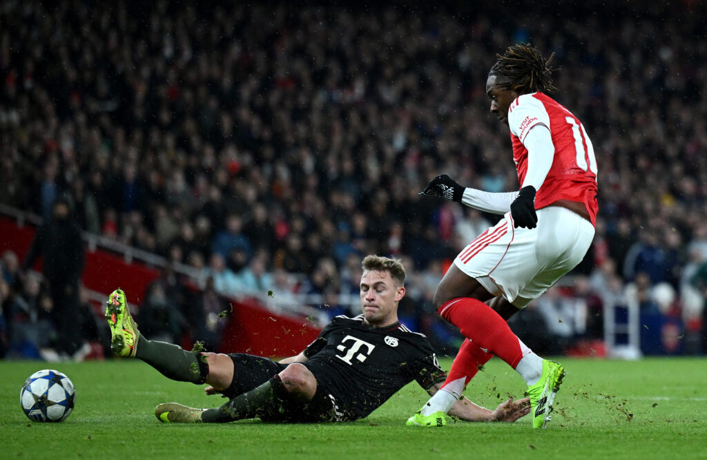 Joshua Kimmich challenges Eberechi Eze during Arsenal vs Bayern Münich in the UEFA Champions League.