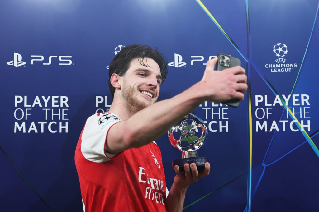 Declan Rice with the Man of the Match award after Arsenal v Bayern Münich in the UEFA Champions League.