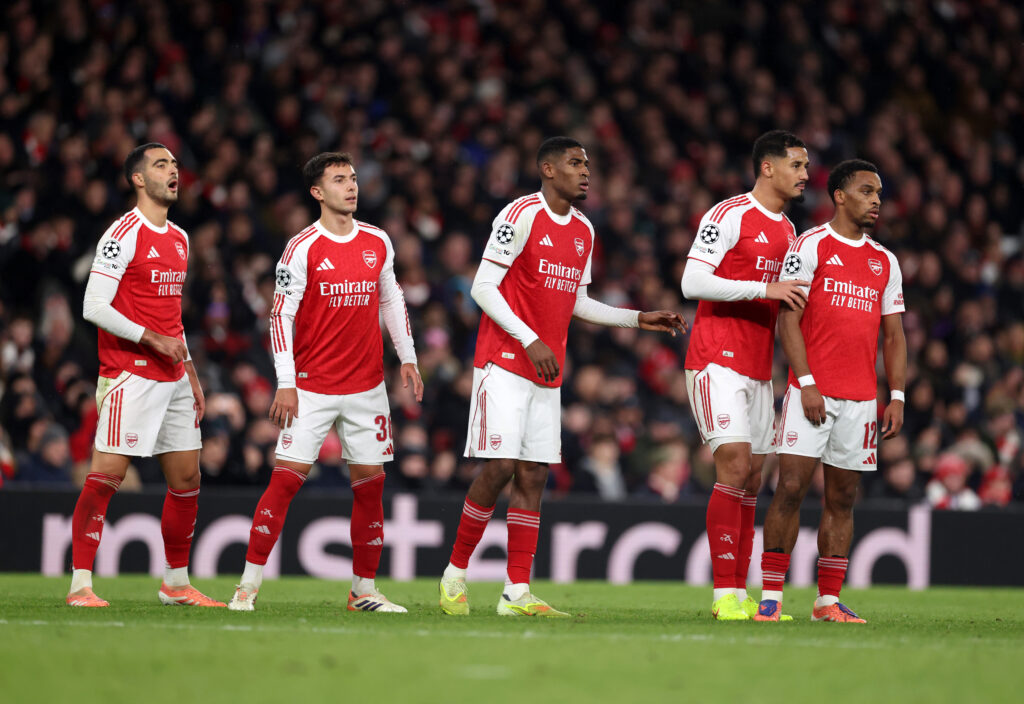 Arsenal players including Cristhian Mosquera line up for a set-piece vs Bayern Munich