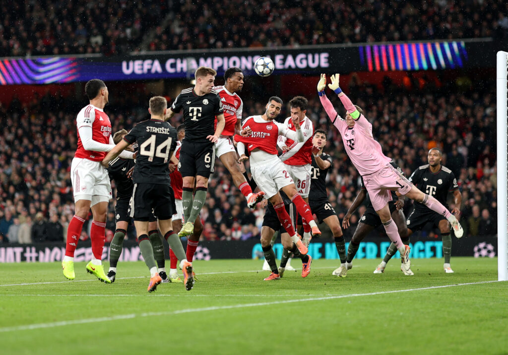 Jurrien Timber heads a corner past Manuel Neuer to give Arsenal the lead vs Bayern Munich