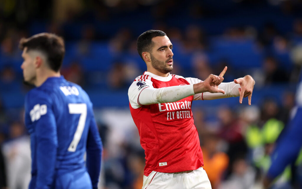 Mikel Merino of Arsenal celebrates scoring his team's first goal during the Premier League match between Chelsea and Arsenal at Stamford Bridge.