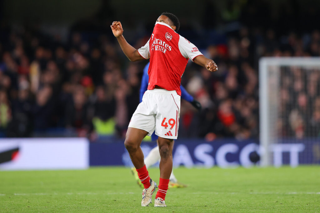 Myles Lewis-Skelly looks dejecetd during an Arsenal game