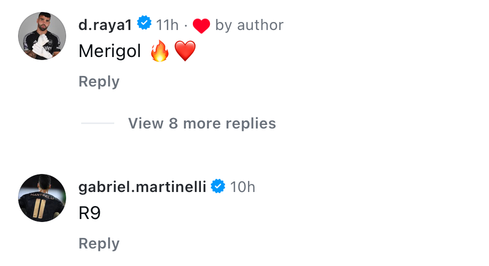 Gabriel Martinelli and David Raya react to Mikel Merino's goals vs Slavia Prague on Instagram.