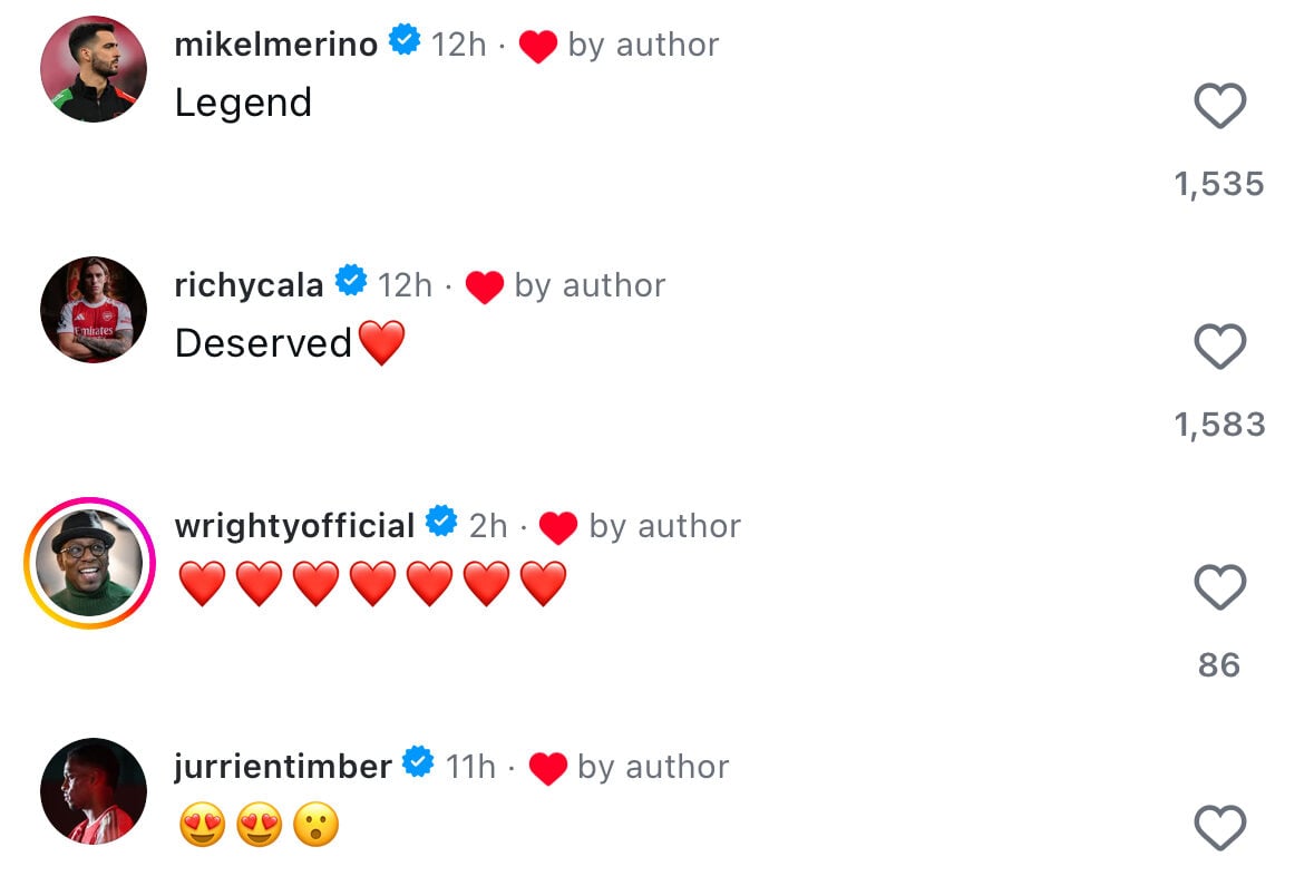 A screen grab of a selection of comments from Arsenal figures on Kieran Tierney’s Instagram post after Scotland qualified for the World Cup.