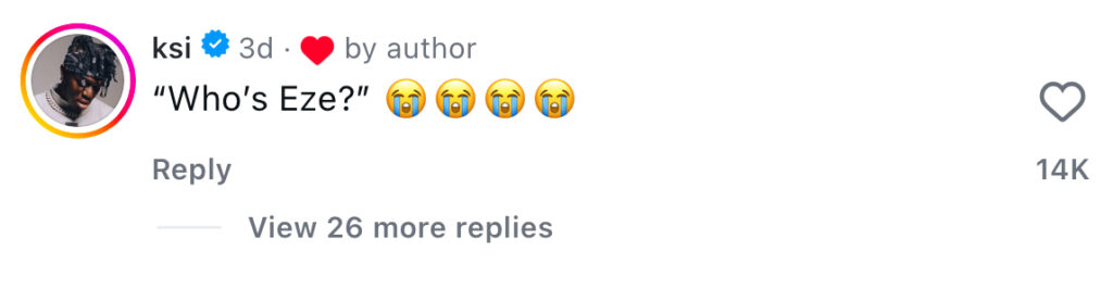 A screen grab of Bukayo Saka liking KSI's comment on Instagram after Arsenal's 4-1 North London Derby win.