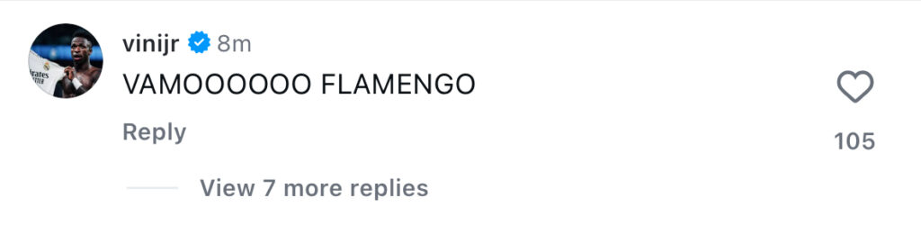 A screen grab of Vinicius Junior's comment on Jorginho's Instagram post after Flamengo won the Copa Libertadores.